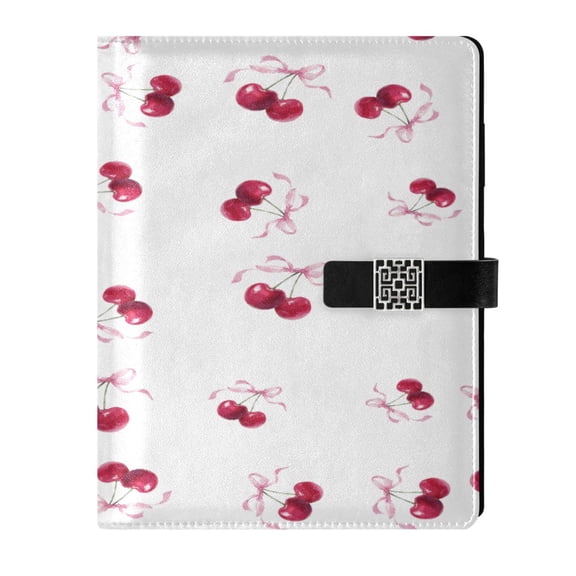 9.2x6.7 inch Leather Notebook 100 Sheets, Multi-Pocket Design & Pen Loop Watercolor Cherries Pattern Refillable Journal Organizer