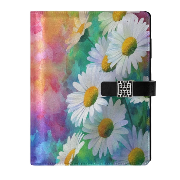 9.2x6.7 inch Leather Notebook 100 Sheets, Multi-Pocket Design & Pen Loop Watercolor Daisies Pattern Refillable Journal Organizer