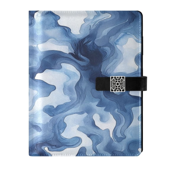 9.2x6.7 inch Leather Notebook 100 Sheets, Multi-Pocket Design & Pen Loop Watercolor Indigo Waves Refillable Journal Organizer