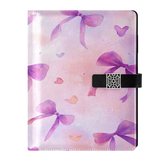9.2x6.7 inch Leather Notebook 100 Sheets, Multi-Pocket Design & Pen Loop Watercolor Purple Bows Refillable Journal Organizer
