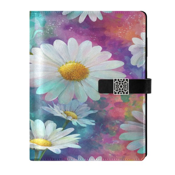 9.2x6.7 inch Leather Notebook 100 Sheets, Multi-Pocket Design & Pen Loop Watercolor White Daisies Refillable Journal Organizer