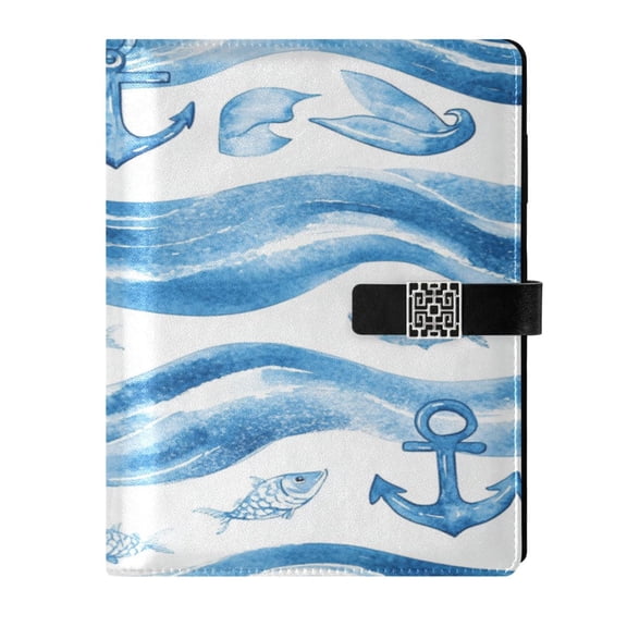 9.2x6.7 inch Leather Notebook 100 Sheets, Multi-Pocket Design & Pen Loop Wave Lines with Fish Refillable Journal Organizer