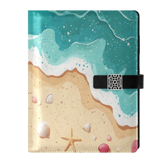 9.2x6.7 inch Leather Notebook 100 Sheets, Multi-Pocket Design & Pen Loop Waves and Seashells Refillable Journal Organizer