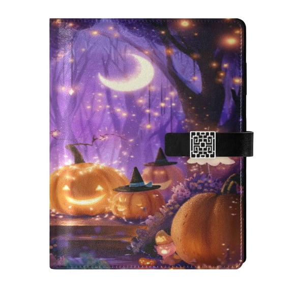 9.2x6.7 inch Leather Notebook 100 Sheets, Multi-Pocket Design & Pen Loop Whimsical Cartoon Halloween Scene Refillable Journal Organizer