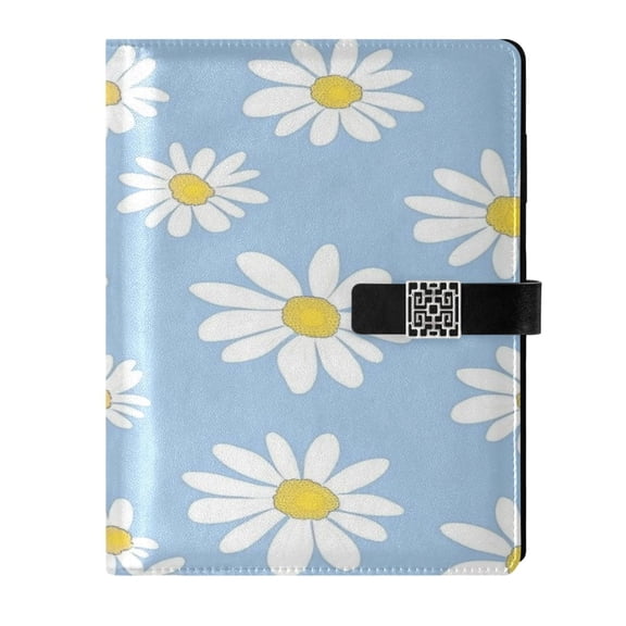 9.2x6.7 inch Leather Notebook 100 Sheets, Multi-Pocket Design & Pen Loop White Daisies Pattern Refillable Journal Organizer