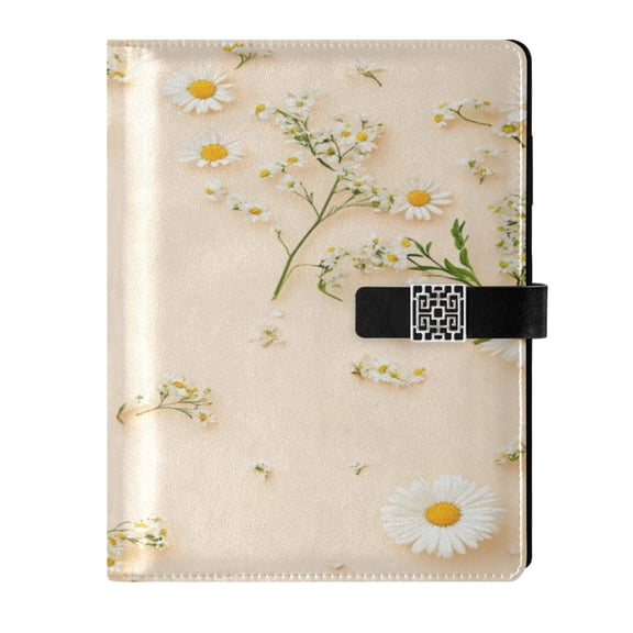9.2x6.7 inch Leather Notebook 100 Sheets, Multi-Pocket Design & Pen Loop White Small Daisy Refillable Journal Organizer