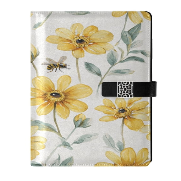 9.2x6.7 inch Leather Notebook 100 Sheets, Multi-Pocket Design & Pen Loop Yellow Daisies and Bees Refillable Journal Organizer