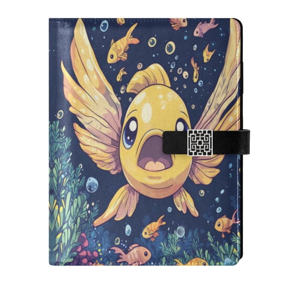 9.2x6.7 inch Leather Notebook 100 Sheets, Multi-Pocket Design & Pen Loop Yellow Fish with Large Wings Refillable Journal Organizer
