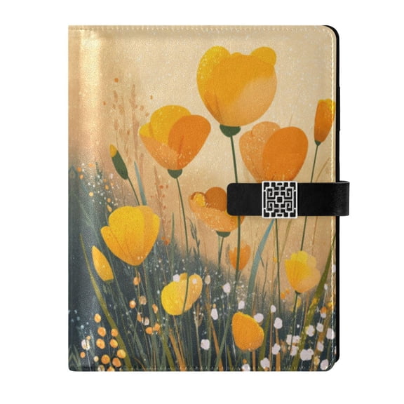 9.2x6.7 inch Leather Notebook 100 Sheets, Multi-Pocket Design & Pen Loop Yellow Flowers on The Grass Refillable Journal Organizer