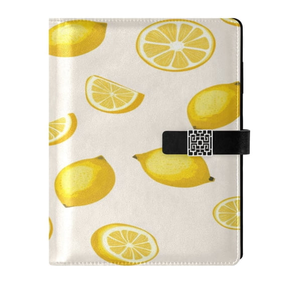 9.2x6.7 inch Leather Notebook 100 Sheets, Multi-Pocket Design & Pen Loop Yellow Lemon Pattern Refillable Journal Organizer