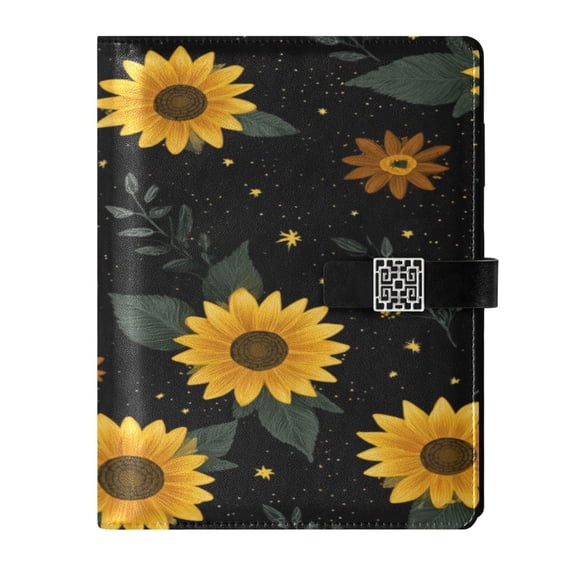 9.2x6.7 inch Leather Notebook 100 Sheets, Multi-Pocket Design & Pen Loop Yellow Sunflower Pattern Refillable Journal Organizer