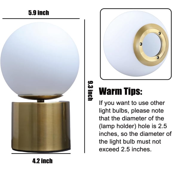9.3 Ins Modern Gold Globe Lamp, Round Bedside Nightstand Lamp with White Glass Shade Metal Base Desk Lamp for Bedroom Bedside Lamp Living Room End $$Tools & Hardware Other