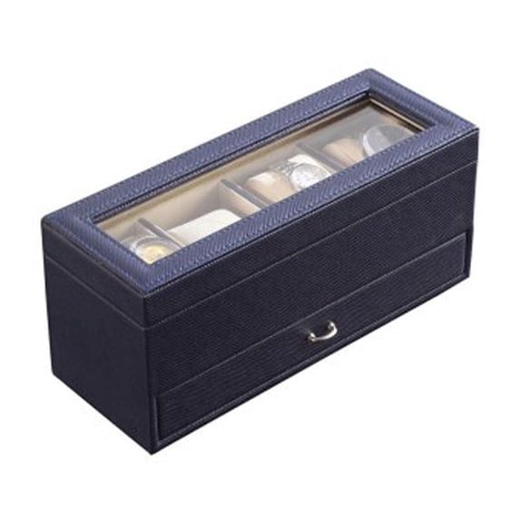 9.3" Long Tempered Glass and Leather Jewelry / Watch Display with Drawers, Blue