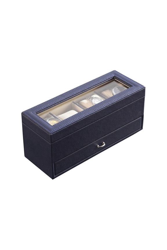 9.3" Long Tempered Glass and Leather Jewelry / Watch Display with Drawers, Blue