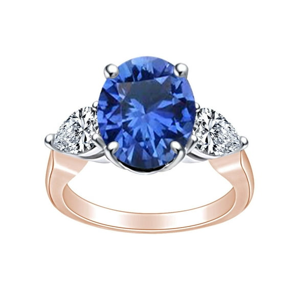 AFFY 9.33 Carat (Cttw) Oval Simulated Blue Sapphire & White Natural Diamond Anniversary Ring In 14k Solid Rose Gold Ring Size-7.5