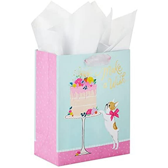 9" Medium Birthday Gift Bag with Tissue Paper (Make a Wish Cake and Pug Puppy)