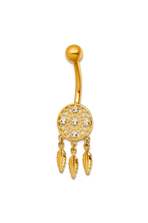 9.35mm 14k Solid Yellow Gold 14 Gauge Polished Cubic Zirconia Dream Catcher Navel Ring Ring for Women