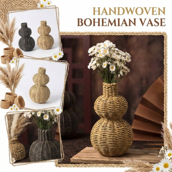 9.36in Living Room Woven Rattan Vase Rustic Boho Flower Vase for Dining ...