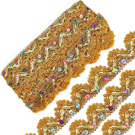 9.3Yd 1.3 Inch Gold Beaded Lace Trim Sequined Metallic Fabric Ribbon Glitter Mesh Fringe Decorated Gimp Paillette Sewing Embroidered Venice Tulle Edge for Clothing Curtain