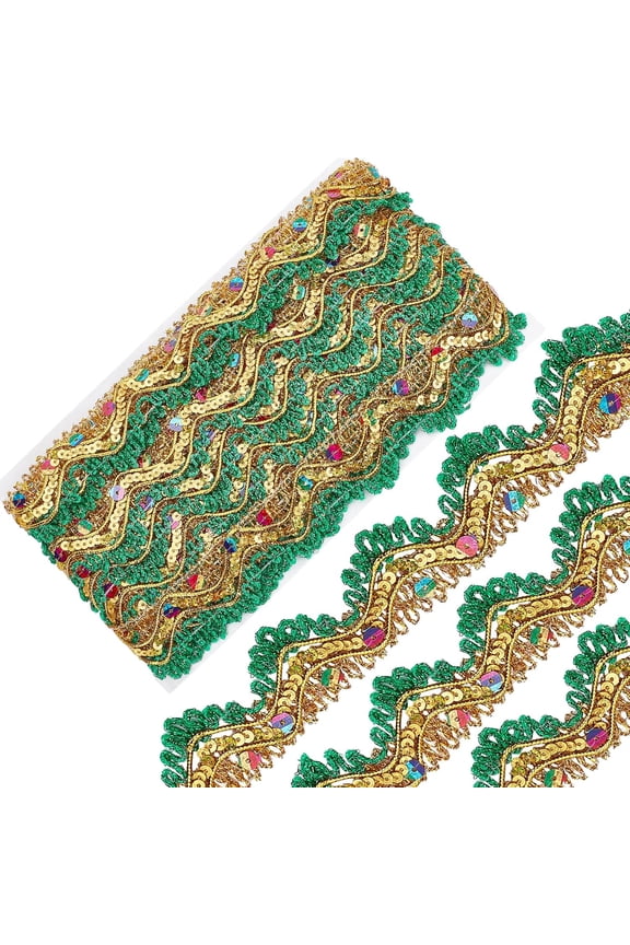 9.3Yd 1.3 Inch Metallic Sequins Beaded Lace Trim Green Gold Glitter Venice Edge Trimmings Mesh Embroidered Wove Fringe Decorated Gimp Trim Tulle Applique for Sewing Crafts Wedding Bridal Green DIY