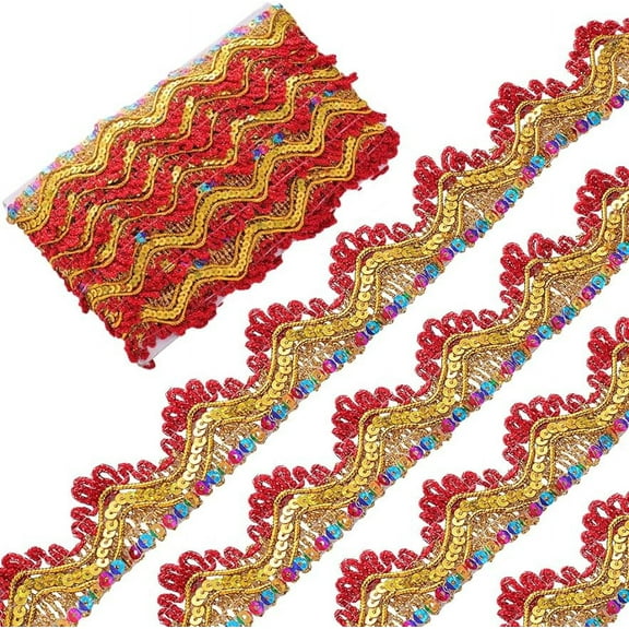 9.3Yds 1.4inch Red Beaded Paillette Sewing Lace Trim Gold Fringe Tassel Trim Metallic Fabric Ribbon Wavy Glitter Mesh