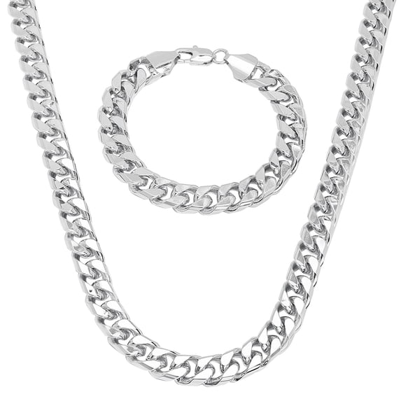 9.3mm Rhodium Plated Flat Cuban Link Curb Chain Necklace + Bracelet Set, 20" (Necklace) + 7" (Bracelet)