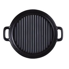 9.4 in / 23.8 cm Ceramic Baking Pan, Black Microwave Grill Pan with Ribbed Surface, Oven Safe Round Baking Dish with Double Handles, 1.2 in / 3 cm Deep, Convection Microwave Cookware