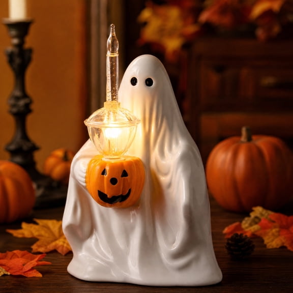 9.4" Ghost Holding Pumpkin LED Light Resin Figurine, Battery Operated Cordless Tabletop Lantern Spooky Decor, Fireplace Mantel Entryway Ornament