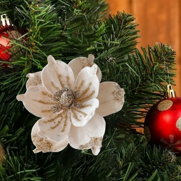 9.4’’ Large Heads Christmas Glitter Magnolia Flowers Christmas Tree Ornaments Set of 4 Artificial Flowers with Picks Stems for Xmas Tree Holiday Decorations,Gold