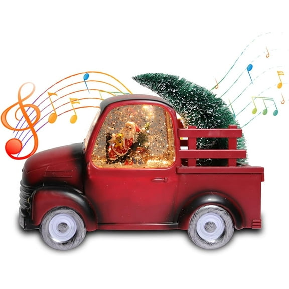 9.4''Lighted Vintage Red Truck Decor,Musical Christmas Snow Globe with Swirling Glitter, Santa Claus in Truck Car Model, Light-Up Christmas Decorations Indoor for Home, Gifts and Holiday Decor