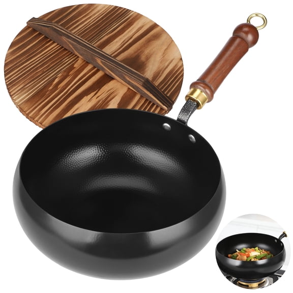 9.4 in Uncoated Non-Stick Pan, Hand Forged Cast Iron Wok with Wooden Lid and Handle, Multi-Purpose Stir Fry Wok for Cooking, Flat Base Cookware for All Stoves