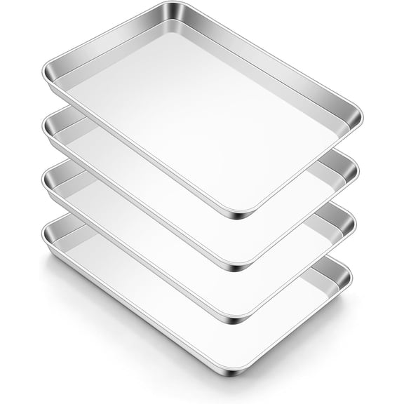 9.4"x7.3" Baking Sheet 4-Pack, Small Stainless Steel Cookie Sheets | Non-toxic & Rust Free Toaster Oven Tray for Baking Cooking, Mini Stainless Steel Sheet Cake Pan, Easy Clean & Dishwasher Safe