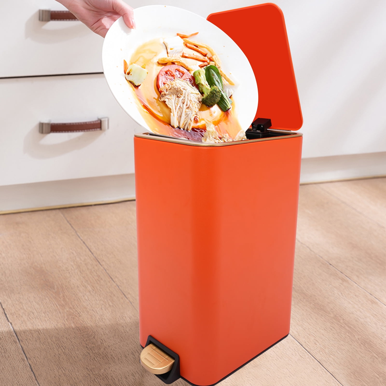 9.45*7.09*14.57 Large Capacity Free Standing Orange Bathroom Trash Can with Lid for Kitchen, Bedroom