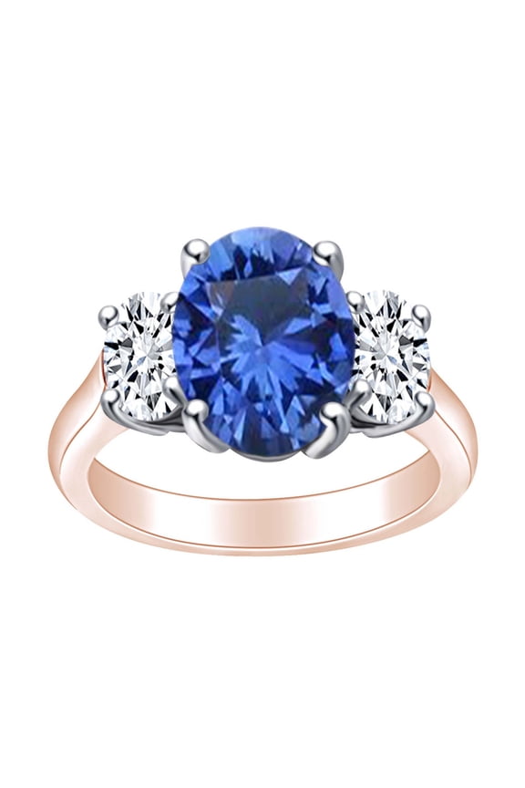 9.45 Carat (Cttw) Oval Simulated Blue Sapphire & White Natural Diamond Anniversary Ring In 14k Solid Rose Gold Ring Size-6.5