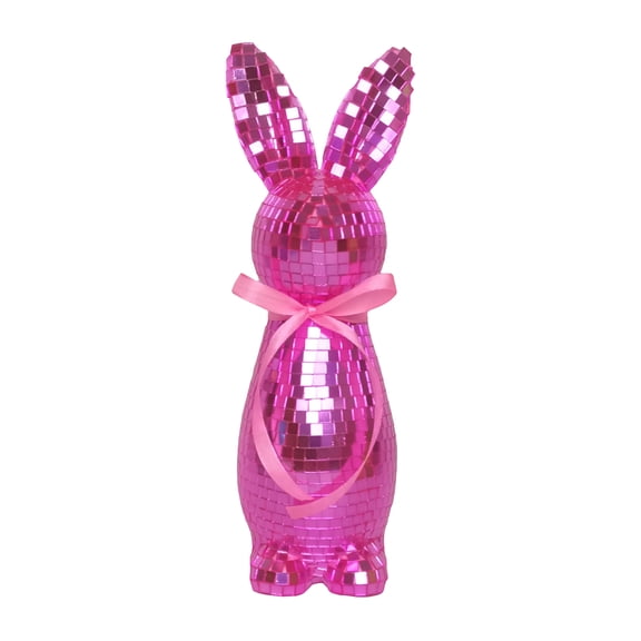 9.45" Disco Bunny Statue, Pastel Flock Bunnies Figurines with Bow for Spring Easter Home Office Party Table Centerpiece Decoration