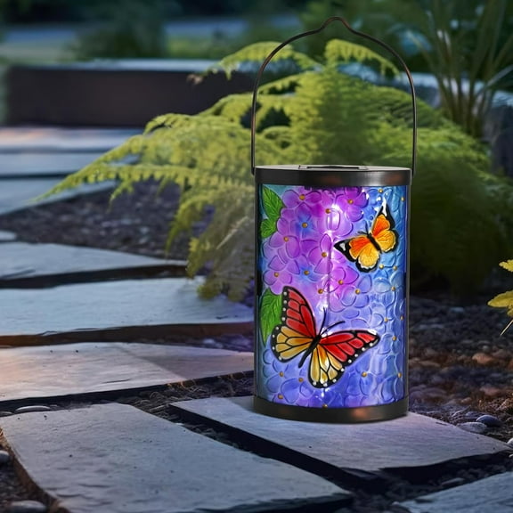 9.45" Hanging Solar Lantern Outdoor Waterproof Lantern,Butterflies and Flowers Led Solar Lights,Solar Tabletop Lamp For Outdoor Patio Garden Yard Decor