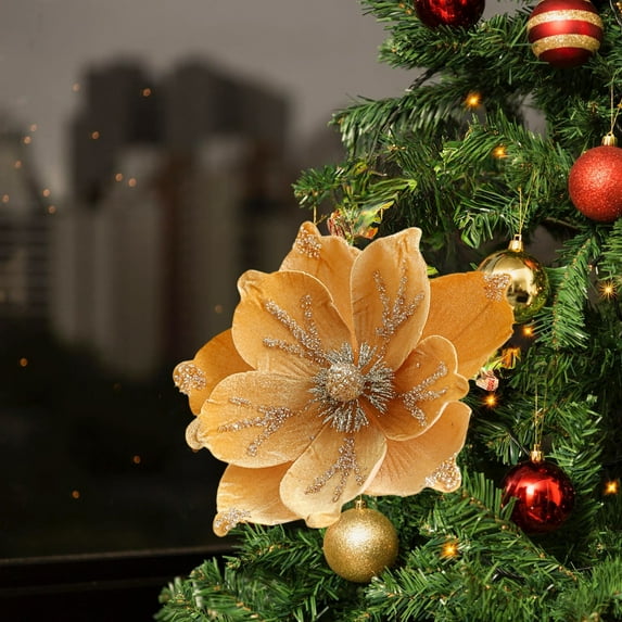 9.4x8.26-Inch Powder Flocking Magnolia Christmas Flower, High-End Fabric Simulation Decoration in Beige, Green, Wine, White, and Yellow for Holiday Season Festive Displays