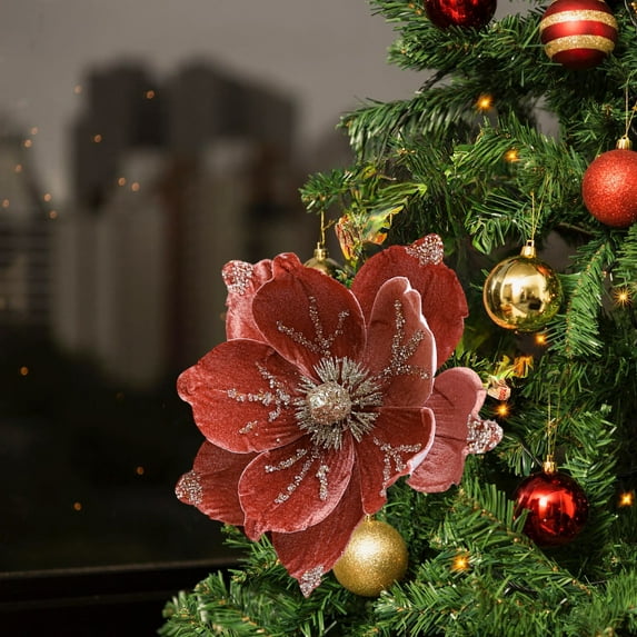 9.4x8.26-Inch Powder Flocking Magnolia Christmas Flower, High-End Fabric Simulation Decoration in Beige, Green, Wine, White, and Yellow for Holiday Season Festive Displays