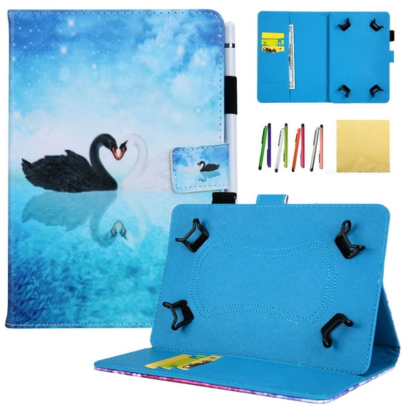 9.5 - 10.5 Universal Tablet Cover, Allytech PU Leather Flip Wallet Kids Case Smart Folio Stand Cover for Samsung Galaxy Tab A 10.1 Tab E 9.6 Tab S4 10.5/ Lenovo Tab/ Fire HD 10 and More, Blue Swan