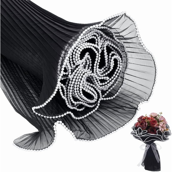 9.5~10M Polyester Pleated Lace Trim Ruffled Lace Ribbon with Plastic Pearl Edge for Bouquet Wrapping Gift Decoration Black 10-5/8 inch(270mm)