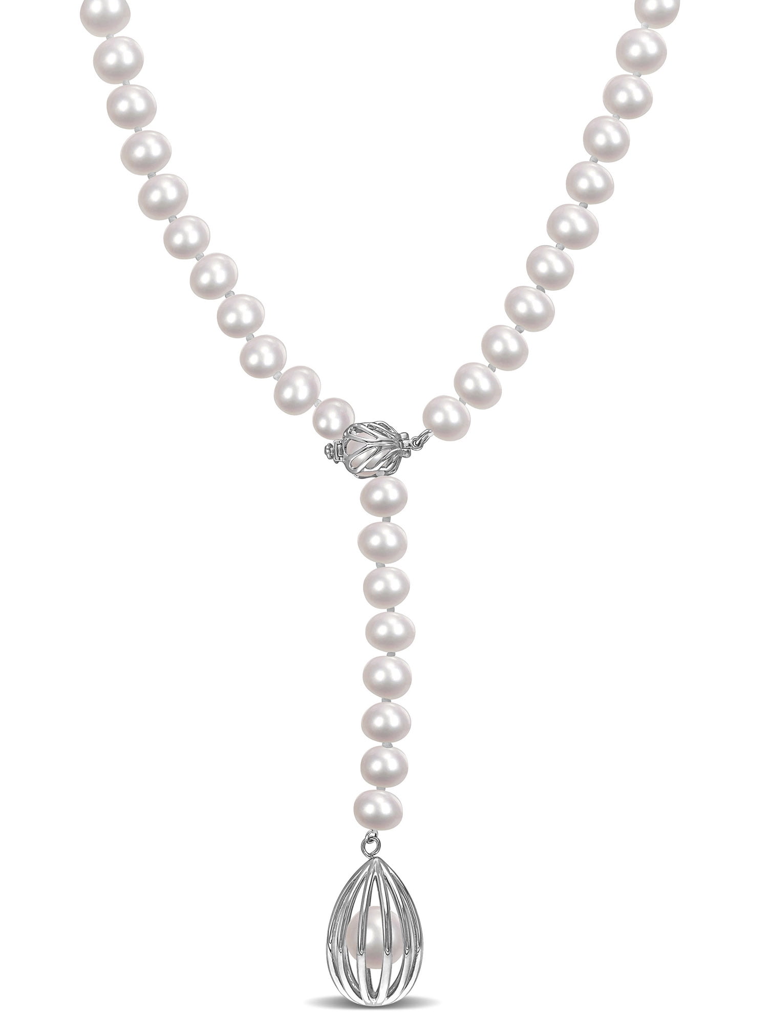 8 - 8.5mm Freshwater Cultured Pearl and Diamond Accent Sterling Silver Cage  Necklace