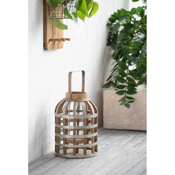 9.518.1 Inch Silver Industrial Wooden Metal Hurricane Lantern with Handle Mixed MDF Bamboo Glass Candle Holder Indoor Garden Wedding Decor