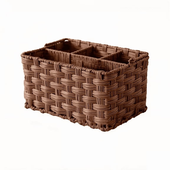 9*5.9*5.1 Inch Wicker Utensil Caddy, Tabletop Silverware Organizer with Handle, Cutlery and Condiment Holder for Forks Spoons Knives, Kitchen Countertop Basket for Picnic Buffet Outdoor Dining