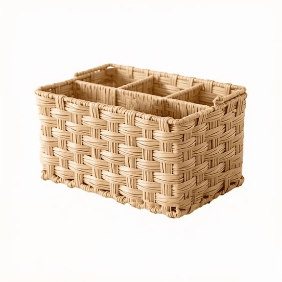 9*5.9*5.1 Inch Wicker Utensil Caddy, Tabletop Silverware Organizer with Handle, Cutlery and Condiment Holder for Forks Spoons Knives, Kitchen Countertop Basket for Picnic Buffet Outdoor Dining
