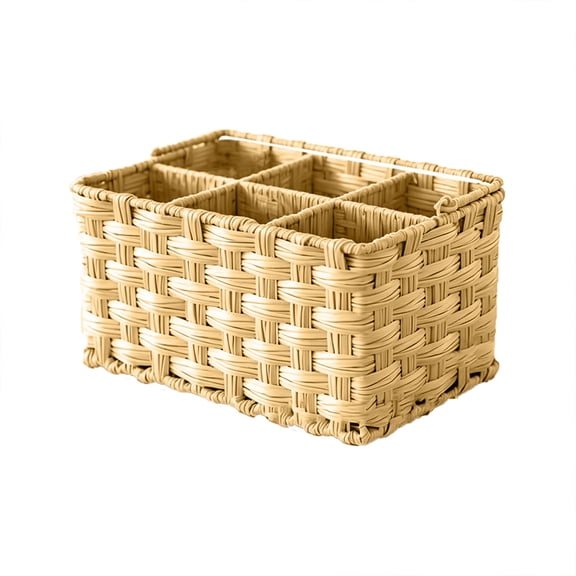 9*5.9*5.1" Wicker Utensil Caddy – Tabletop Cutlery & Silverware Holder with Handle, Multi-Use Condiment Organizer for Kitchen Countertop, Buffet & Picnic Serving Basket