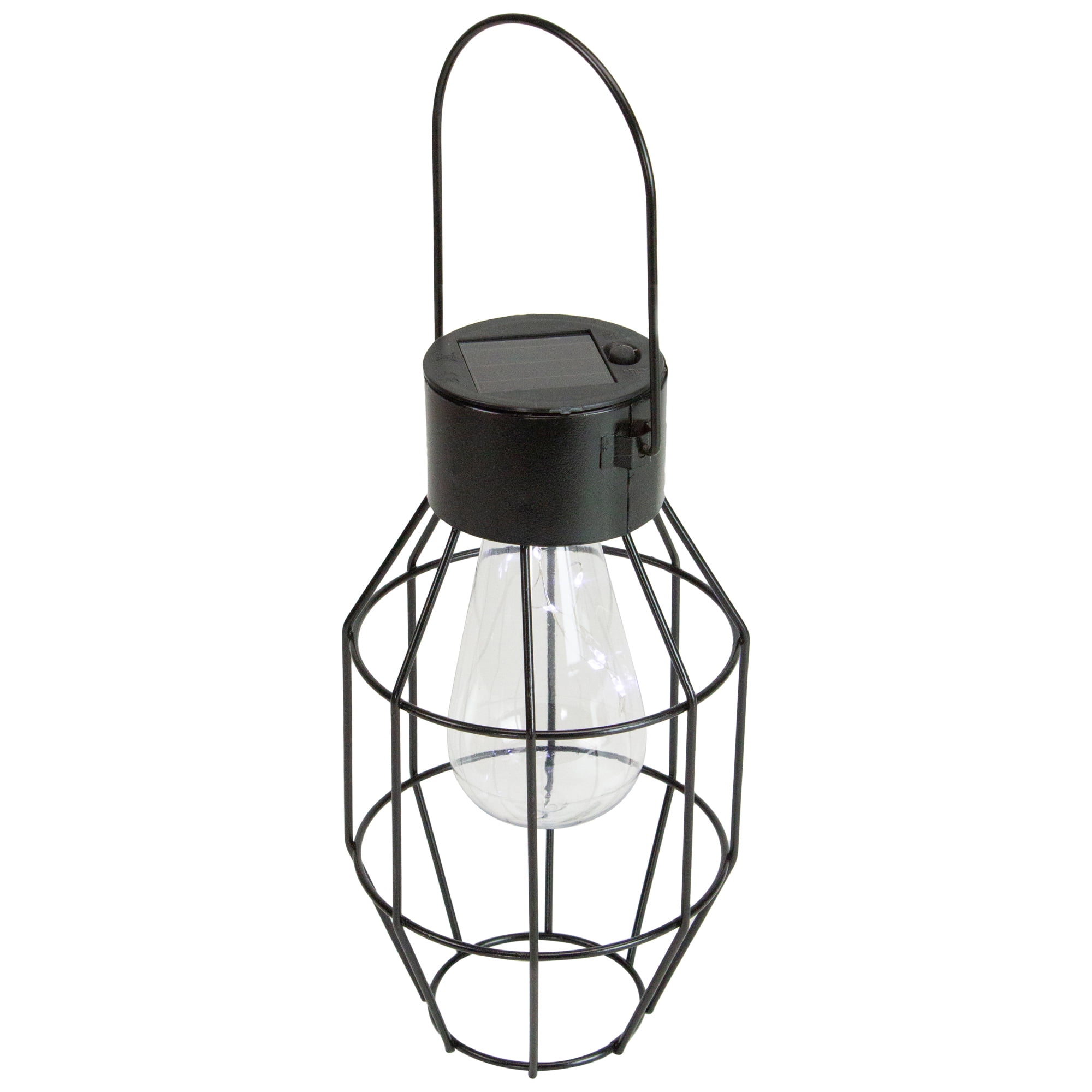 9.5" Black Geometric Oblong Outdoor Hanging Solar Lantern with Handle