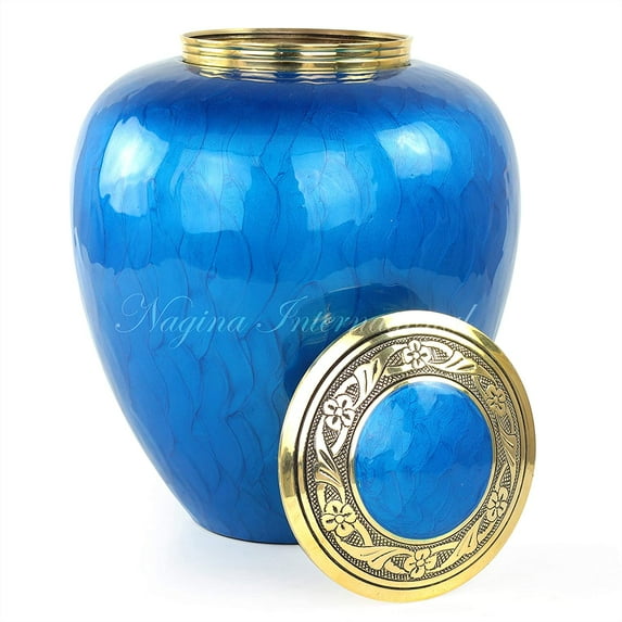 9.5" Blue Aluminum Metal Cremation Urns for Ashes & Mortal Remains with Golden Yellow Engraved Lid | Handmade Beautiful Urns for Humans and Pets (Finny Blue) (Finny Blue)