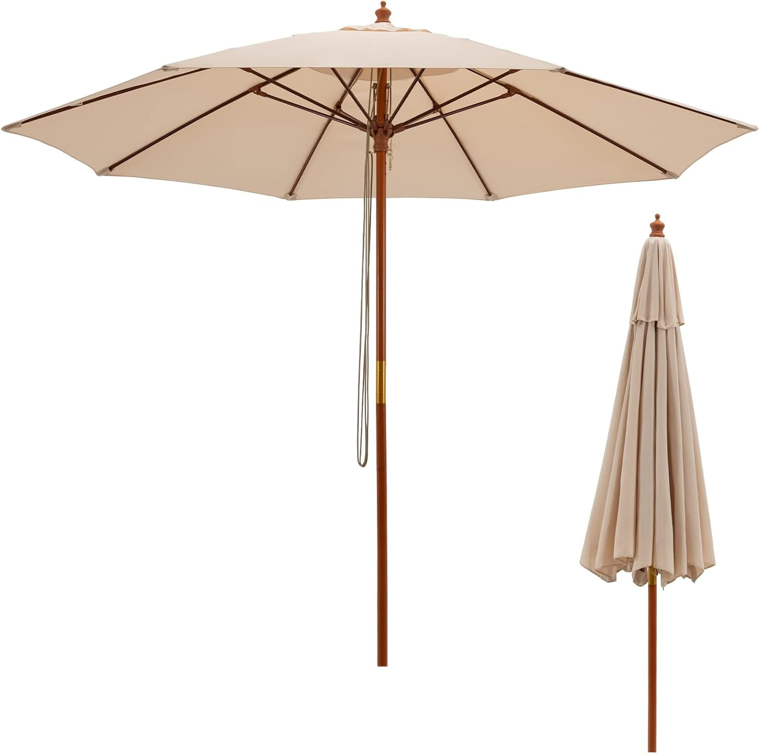 9.5 FT Portable Wooden Market Patio Umbrella: Pulley Lift System with 8 ...