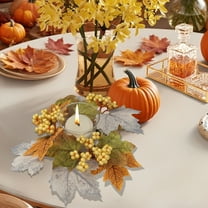 9.5" Fall Candle Ring Wreath - Artificial Maple Leaf & Berry Table Decor for Thanksgiving Centerpiece, Halloween Harvest Decorations - Fits All Candles