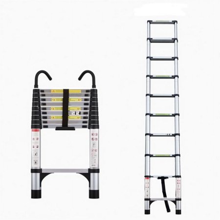 9.5-Foot Telescopic Aluminum Ladder with Triangular Stabilizers and Hooks - Multi-Purpose Ladder for Home and Industrial Use, 330 lbs Capacity